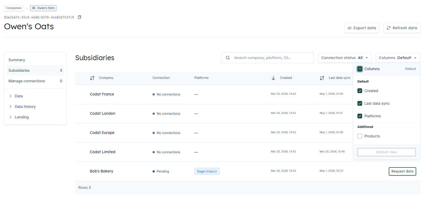 Columns dropdown on the Companies table